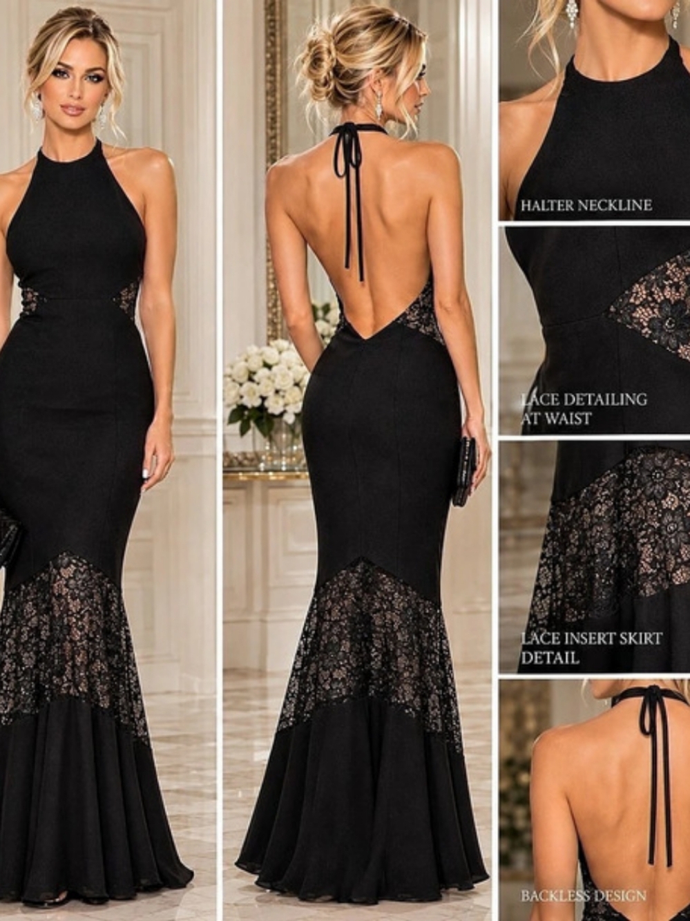 Fame & Partners Black Lace Inset Maxi Dress US12  Like New